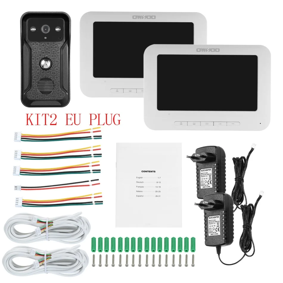 KIT2 EU Plug OWSOO 7 дюймов проводной телефон видео домофон с IR-CUT непромокаемые открытый проводной дверной звонок камера, поддержка дистанционного разблокировки - Цвет: KIT2 EU Plug