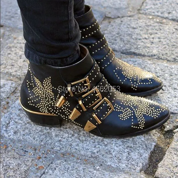 KALMALL/модные Susanna женские сапоги с заклепками, шипами, шипами, в байкерском стиле, Botas, с тремя ремешками, с пряжкой, на Кубинском каблуке