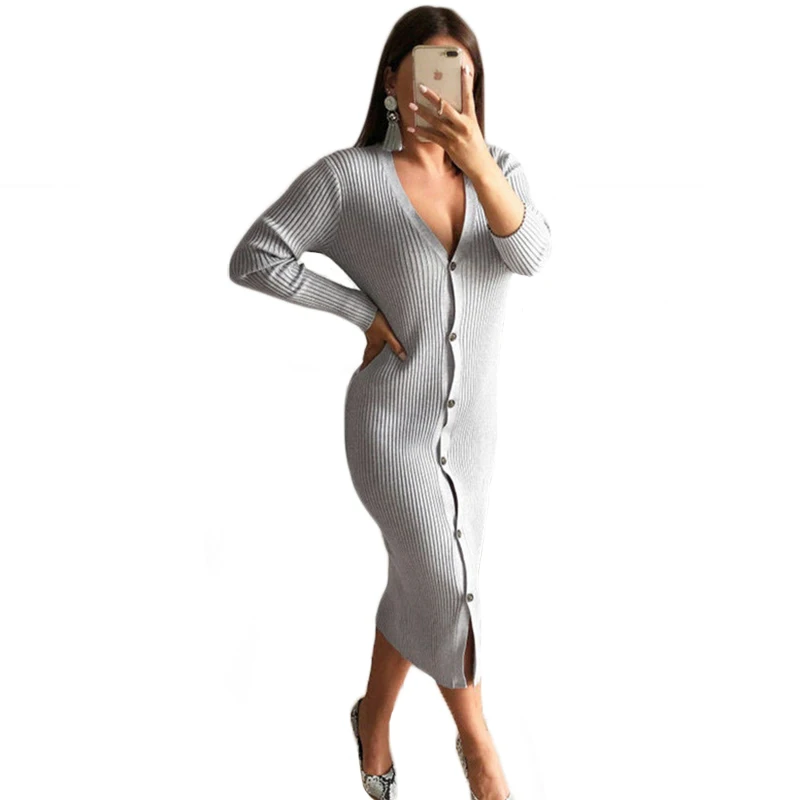

Women dresses Autumn 2018 solid color long sleeve Deep V sexy bodycon dress long sleeve buttons Party Slim Clothings For Female