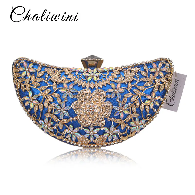 blue Chaliwini, Классический женский клатч, вечерняя сумка, открытая, металлическая, свадебная, с блестками, сумка на плечо, для выпускного, для невесты, с кристаллами, сумочка, кошельки - Цвет: blue