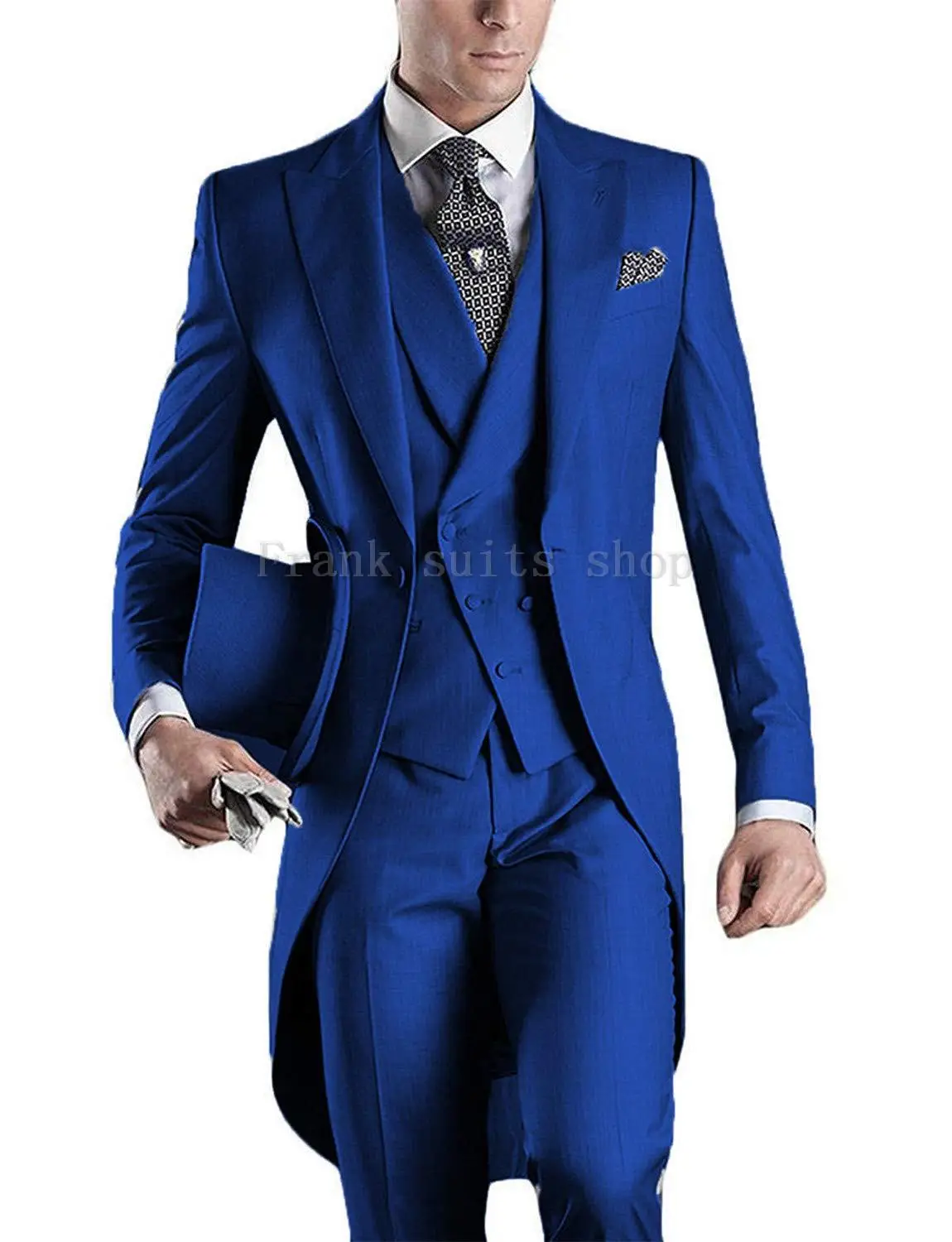 Royal Blue Single Breasted vest Long tail coat Wedding Suits for Men Peaked Lapel Mens Suit Evening Party Gentlemen Tuxedos