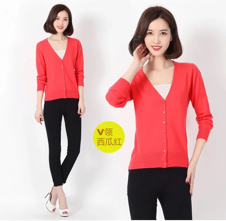 Watermelon Red Женские укороченные кардиганы весна осень кашемировый свитер v-образный вырез кардиган куртка с длинным рукавом пальто женские вязаные свитера - Цвет: Watermelon Red