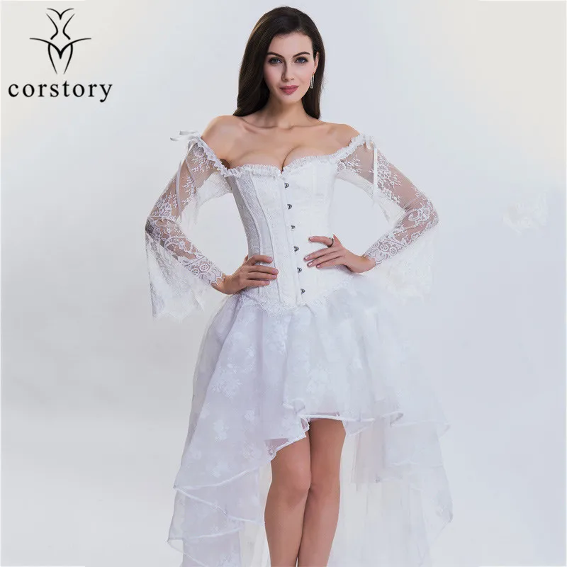 Corstory с открытыми плечами с длинным рукавом черное кружево Overbust Корсетная Юбка Body Shaper Для женщин костюм Стимпанк Викторианский стиль Корсетная юбка s