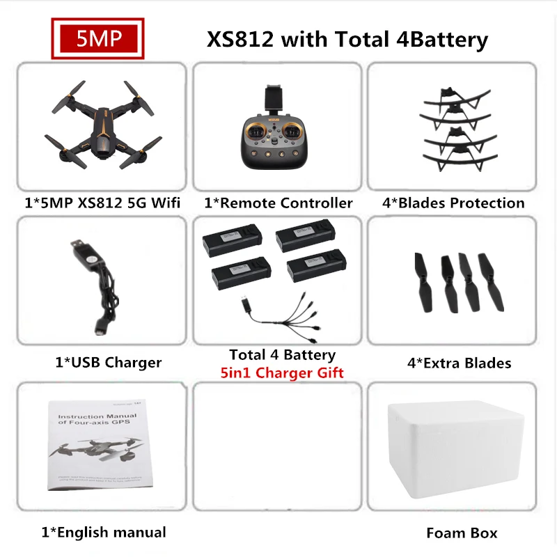 5MP 4B Foam Box VISUO XS812 gps Дрон с камерой 4K 5G FPV RC вертолет высота удержания Квадрокоптер следуй за мной Квадрокоптер VS SJRC Z5 F11 Дрон - Цвет: 5MP 4B Foam Box