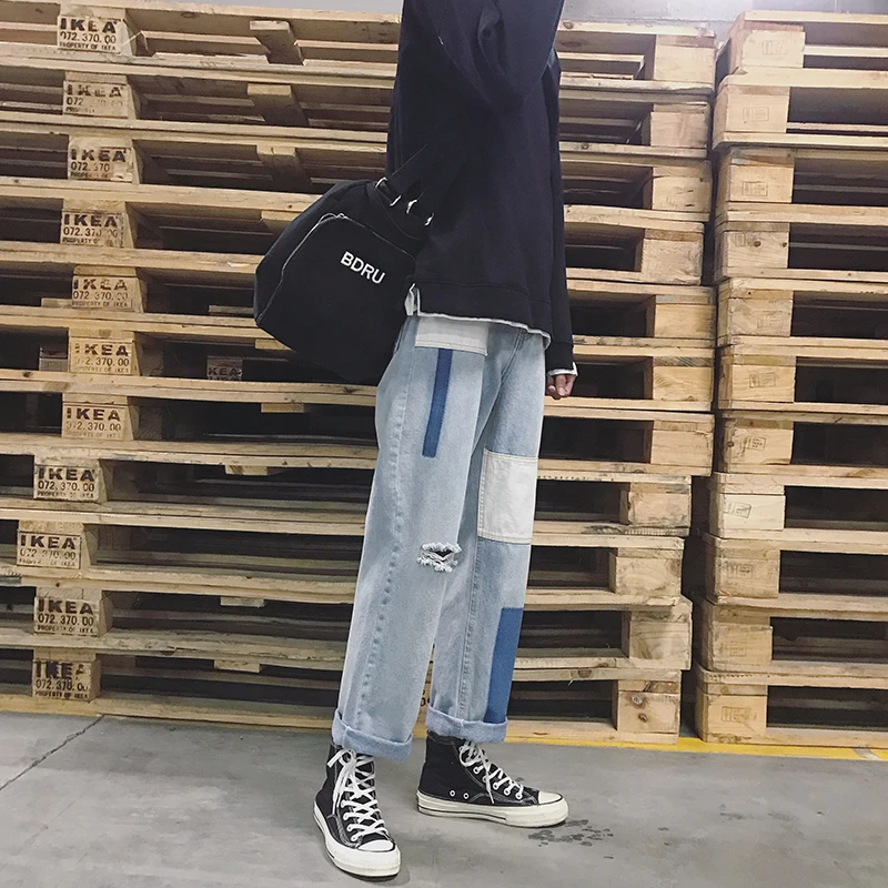 Мужские модные брендовые светло-голубые классические свободные джинсы с дырками