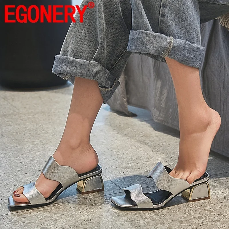 EGONERY/Женская обувь; сезон лето; Новинка; модные пикантные женские шлепанцы ручной работы из натуральной кожи с открытым носком; Уличная обувь на высоком каблуке; большие размеры