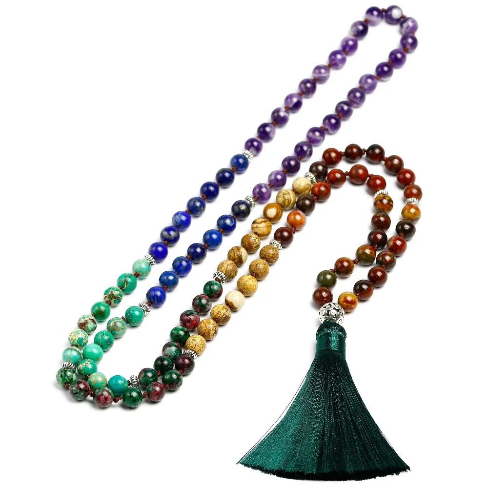 

7 Chakra Mala 108 Beads Natural Stone Long Tassel Necklace Women Meditation Necklace Knotted Bead Yoga Necklaces Jewelry