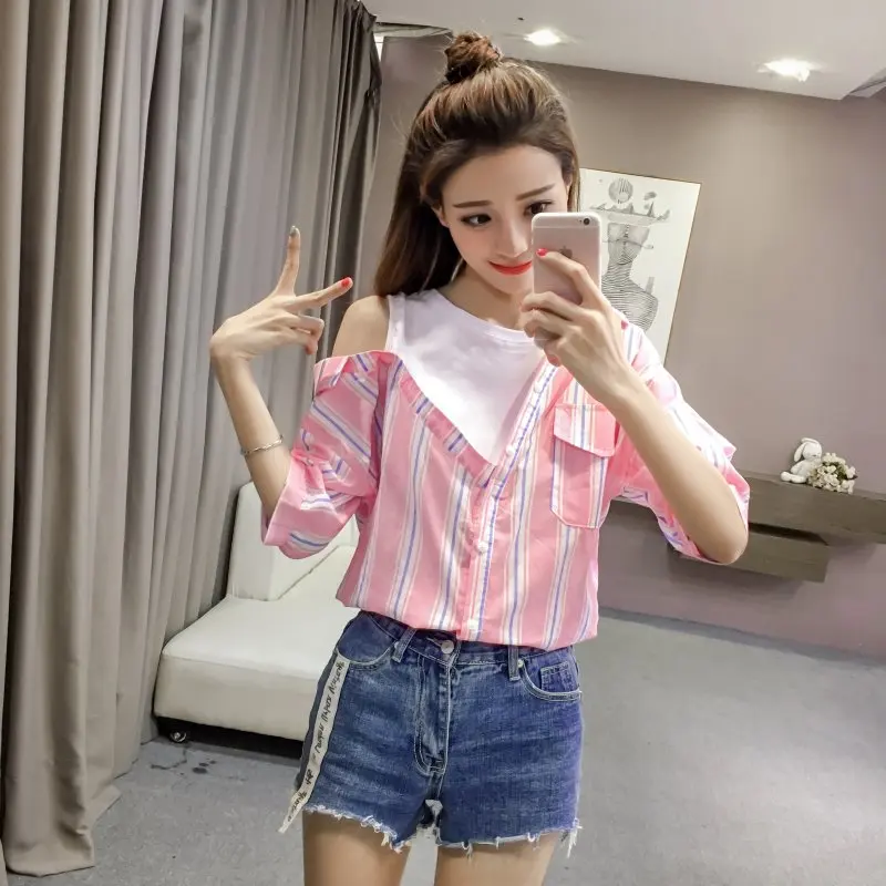 Fashion Pink Short Sleeve Shirt Women 2018 Striped Summer Shirts Loose Casual Tops TTBE008 |