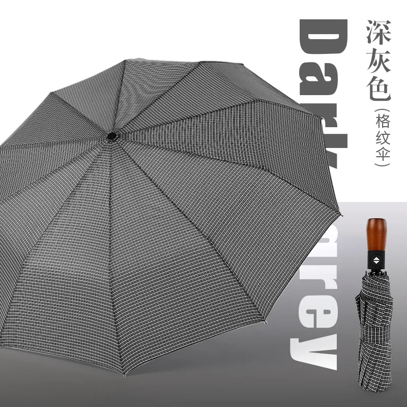 dark gray-rubber Классический мужской зонт для путешествий с деревянной ручкой, автоматический бизнес 10 K, сильный Ветрозащитный 3 складной зонт от дождя, мужской зонт LY36 - Цвет: dark gray-rubber