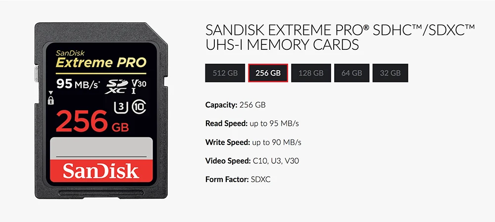 Карты памяти SanDisk Extreme Pro SDXC SD карты 95 МБ/с. читать 90 МБ/с. написать 256 ГБ C10 U3 V30 UHS-I 4K для Камера(SDSDXXY-256G-ZN4IN