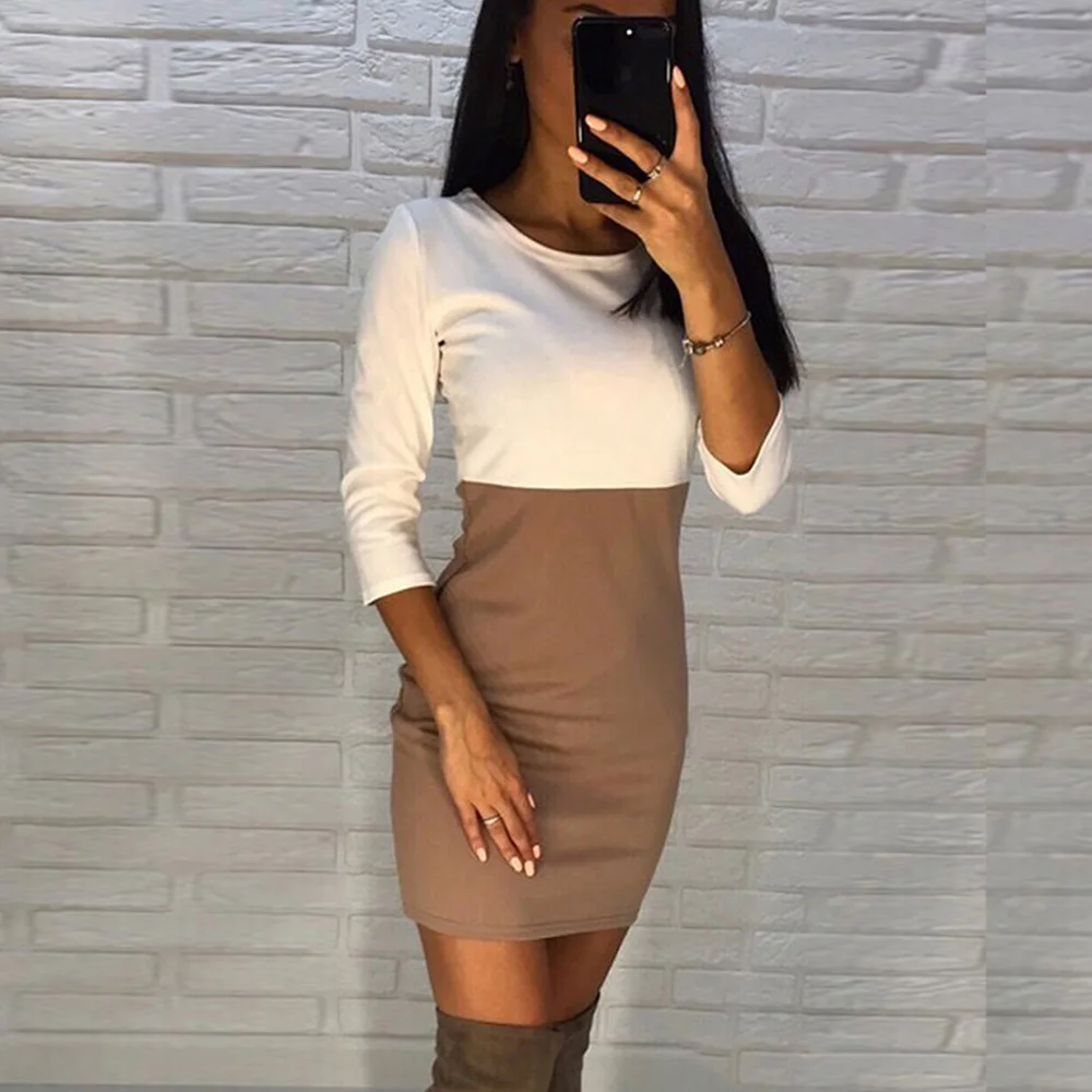 Spring Autumn O-Neck Three Quarter Mini Dress Women Patchwork Color Casual Elegant Slim Office Soft Pencil Work Dresses |