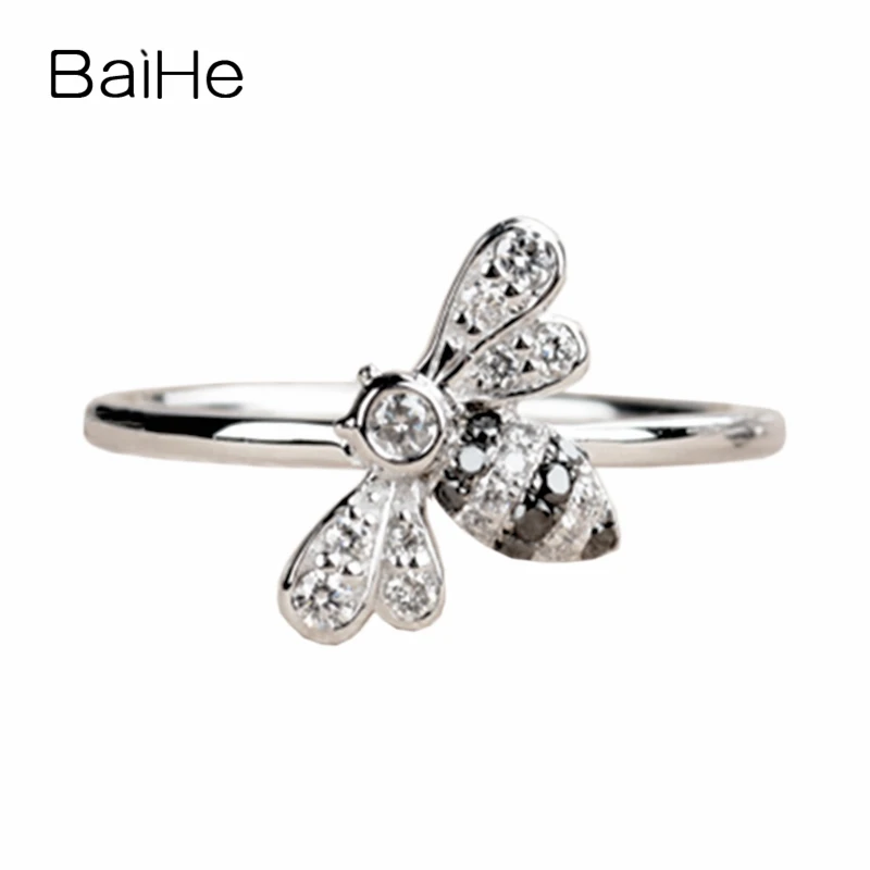 BAIHE Solid 14K White Gold 0.18ct H/SI Natural Diamonds+Black Diamonds Women Trendy Fine Jewelry Beautiful diamond bee Ring | Украшения и