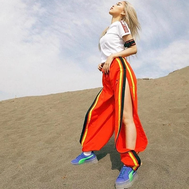 Одежда в стиле хип хоп 2019 женские Костюмные оранжевые брюки с открытыми