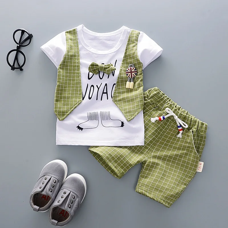 Летние комплекты одежды для маленьких мальчиков 2022 футболка с галстуком в клетку - Фото №1