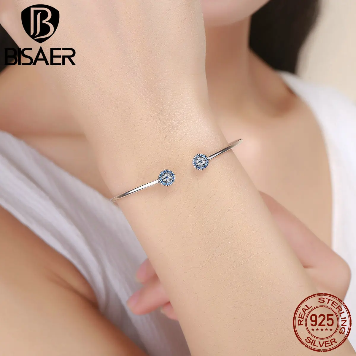 BISAER, подлинный 925 пробы, серебряный, Femme, Lucky, голубой глаз, змеиная цепочка, открытая манжета, браслет для женщин, Pulseira, серебряные ювелирные изделия, GXB058