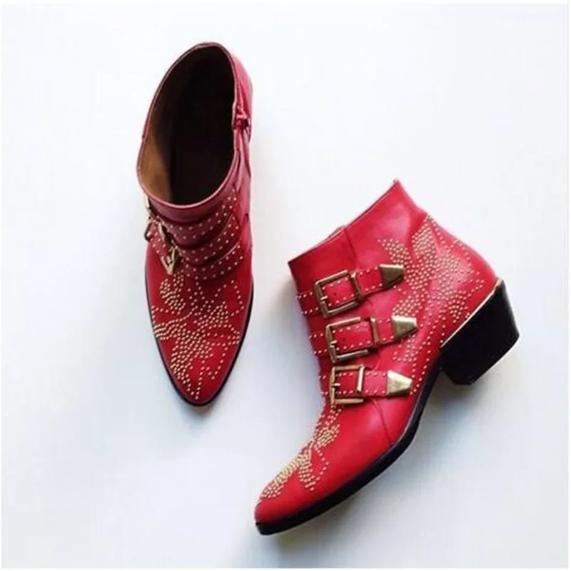 red leather Susanna/ботильоны из натуральной кожи с шипами; женские полусапожки Martin с круглым носком, заклепками и цветами; женские роскошные бархатные ботинки; zapatos mujer - Цвет: red leather