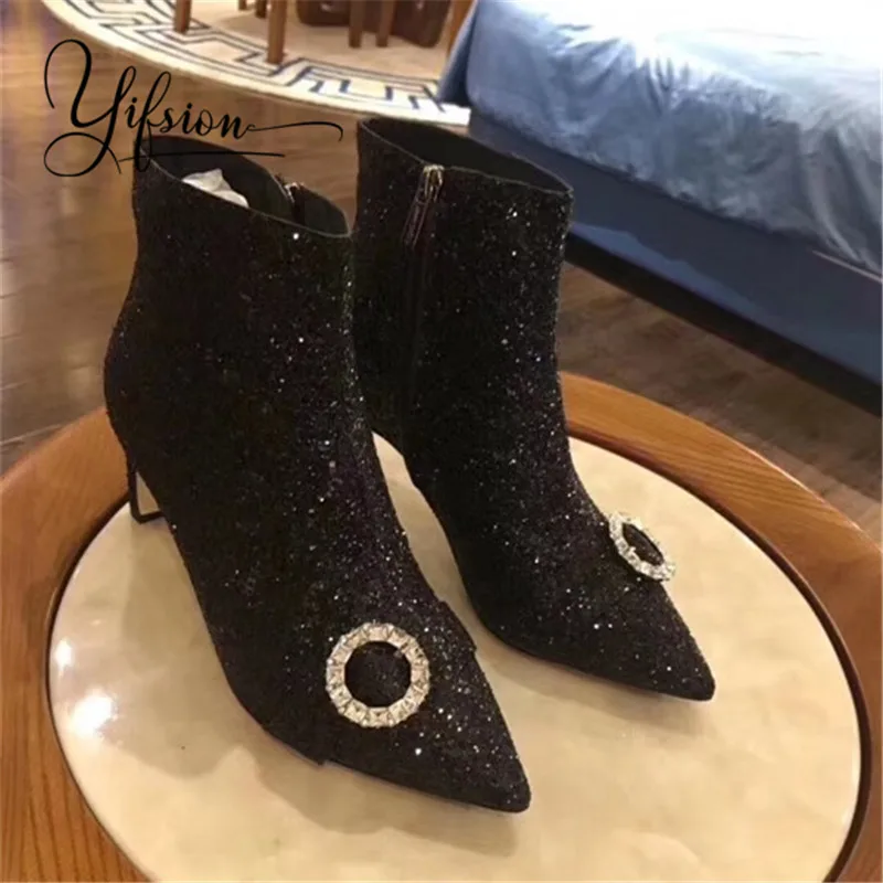 As Pic OLOME; Цвет черный, золотой; женские ботинки из натуральной кожи; женские осенние ботильоны с острым носком, украшенные кристаллами, на молнии сбоку, на низком массивном каблуке - Цвет: As Pic
