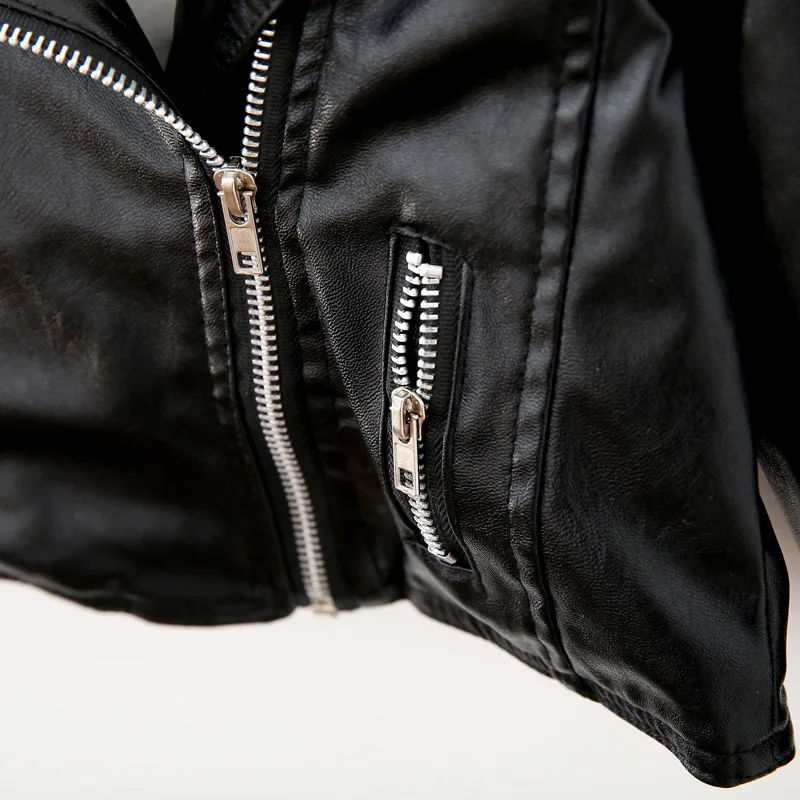 Autumn Children PU Leather Jacket Girls Coat Zip Turn-down Collar Short Faux Leather Outwear Kids Windbreaker Black Jacket