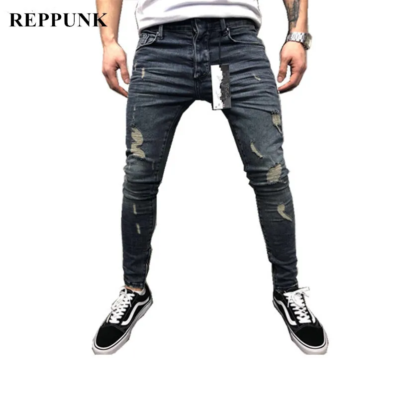 REPPUNK мужские джинсы новые узкие брюки с дырками джинсовые Эластичные Обтягивающие хлопковые мужские уличная одежда в стиле хип-хоп индивидуальные мужские джинсовые брюки