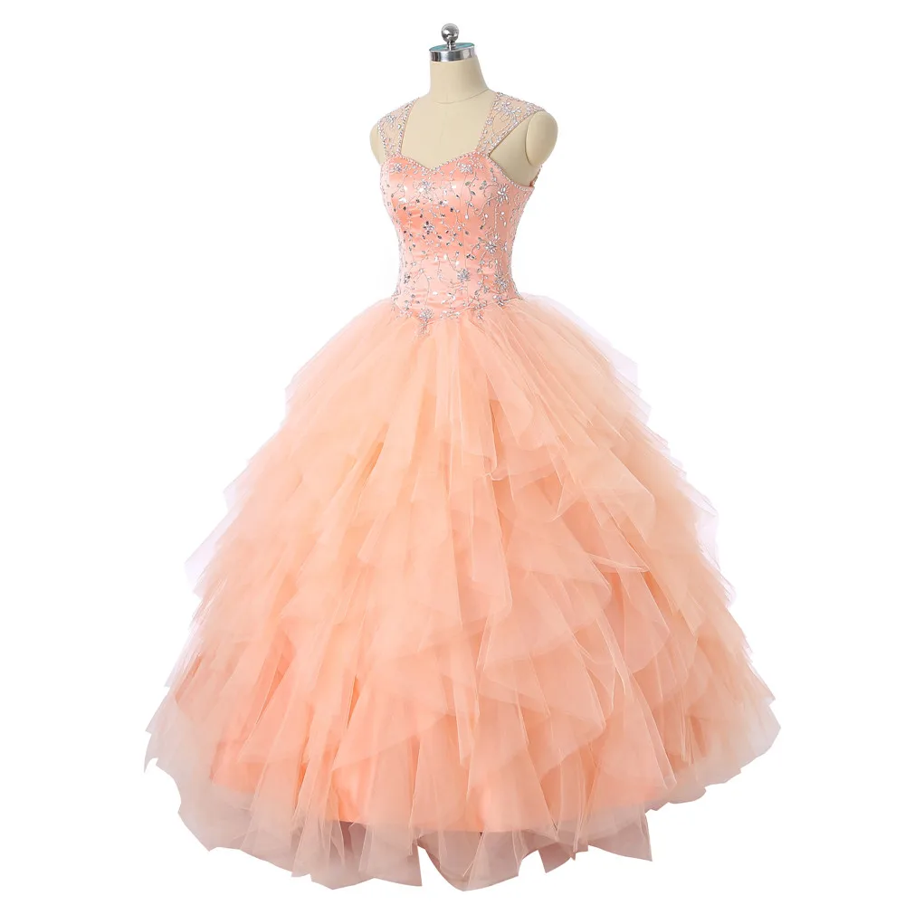 Персиковые Дешевые Бальные платья Quinceanera бальное платье милое Тюлевое с рукавами