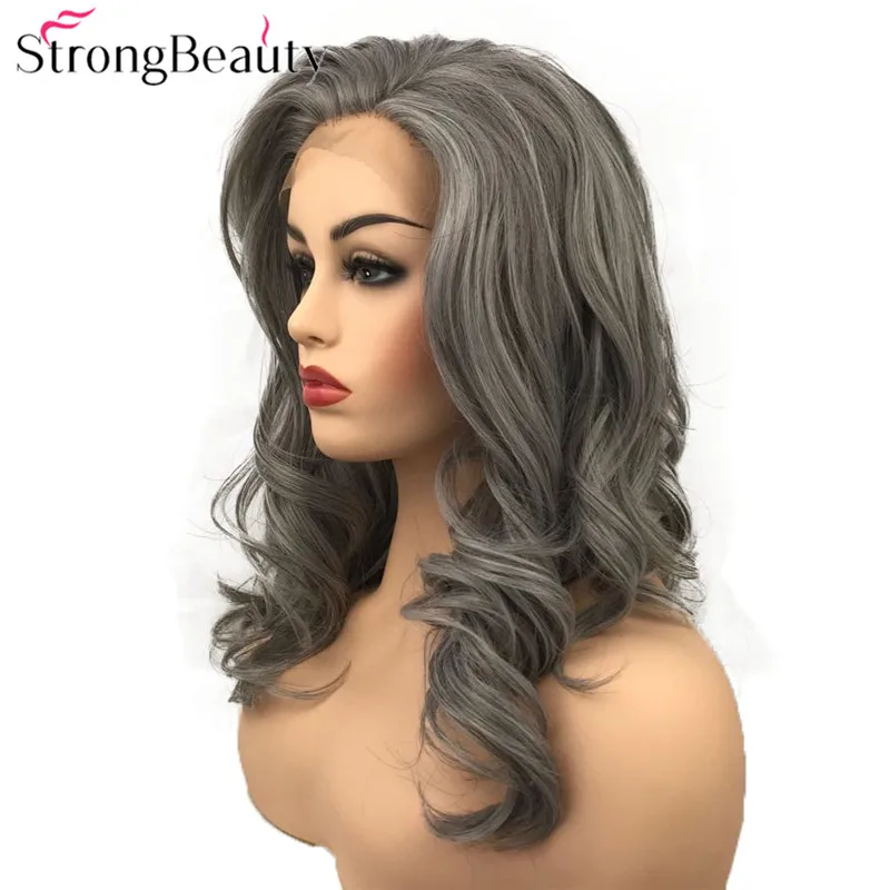 StrongBeauty синтетический парик фронта шнурка длинные волнистые парики серый/Блонд/черные волосы - Цвет: 1985 GREY-WHITE