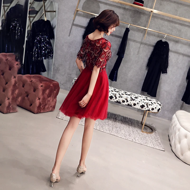 wei yin 2020 Robe De Cocktail Courte Tasse Elegant A Line Short Sleeve Tulle Dresses Wine Red Formal Party Gowns WY1608 | Свадьбы и