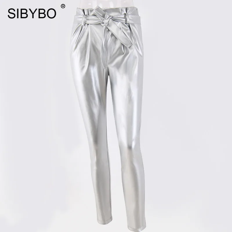 Sibybo/повседневные женские брюки с высокой талией из искусственной кожи; осенние модные узкие брюки на завязках; женские уличные брюки с карманами - Цвет: Серебристый