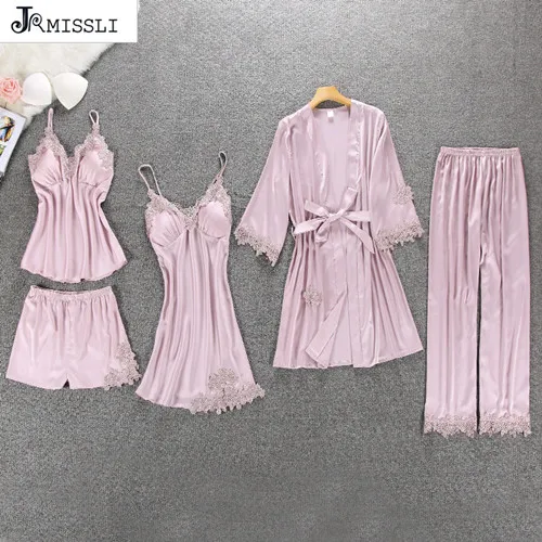 Розовый JRMISSLI, женские пижамы, 5 шт., атласная пижама, шелковая Домашняя одежда, домашняя одежда, вышивка, Пижама для сна - Цвет: Розовый