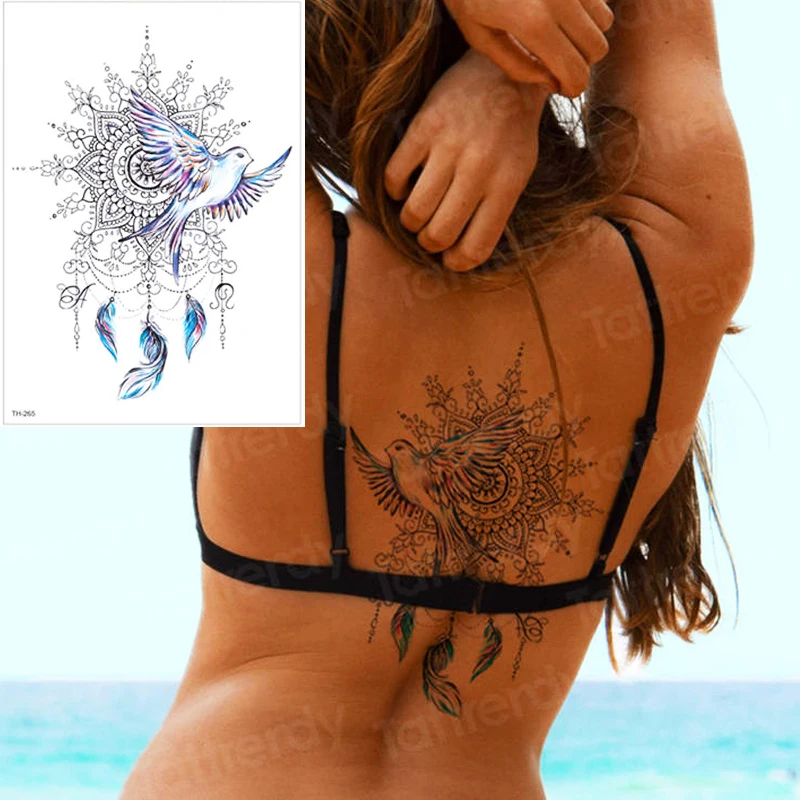 Мира gigeon татуировка с изображением Ловца снов серьги Henna Mandala Тотем временная татуировка Стикеры перо Водонепроницаемый задняя татуировки, боди-арт поддельные татуировки