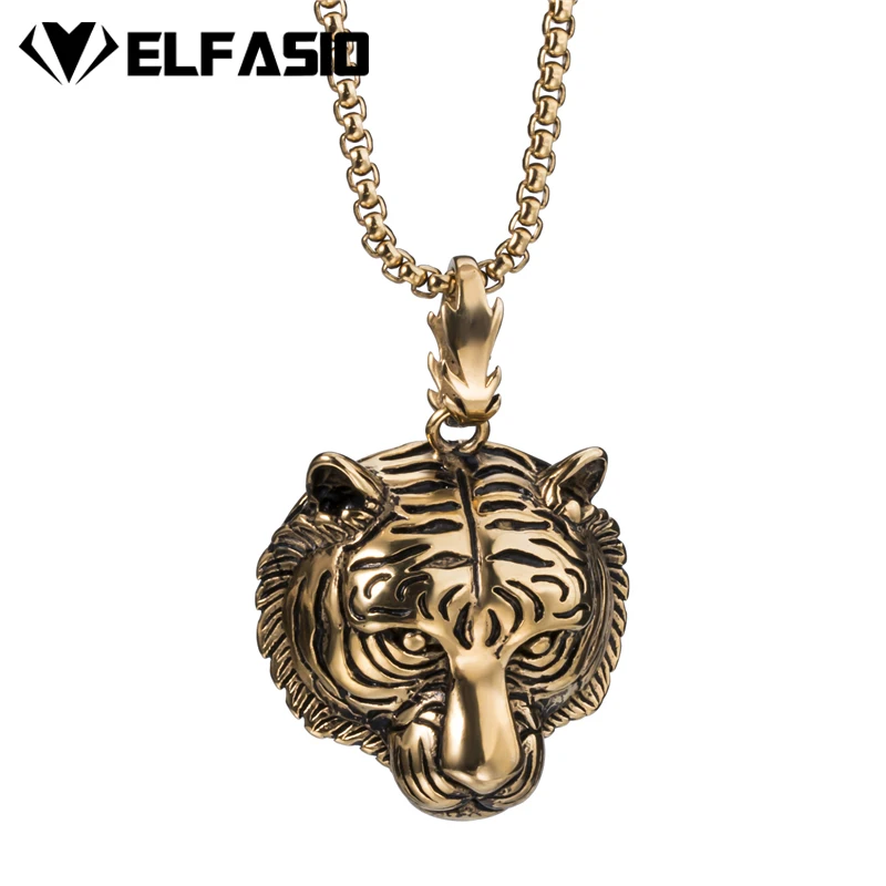 Мужская цепочка Elfasio из нержавеющей стали с подвеской в виде тигра золотого и