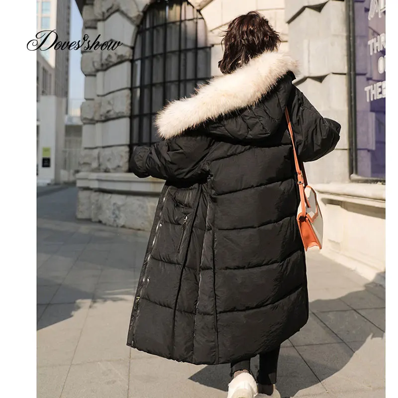 black with white fur Зимнее пуховое пальто с меховым воротником и капюшоном, Толстая теплая длинная куртка, Casaco Feminino Abrigos Mujer Invierno, ватные парки с хлопковой подкладкой 28 - Цвет: black with white fur