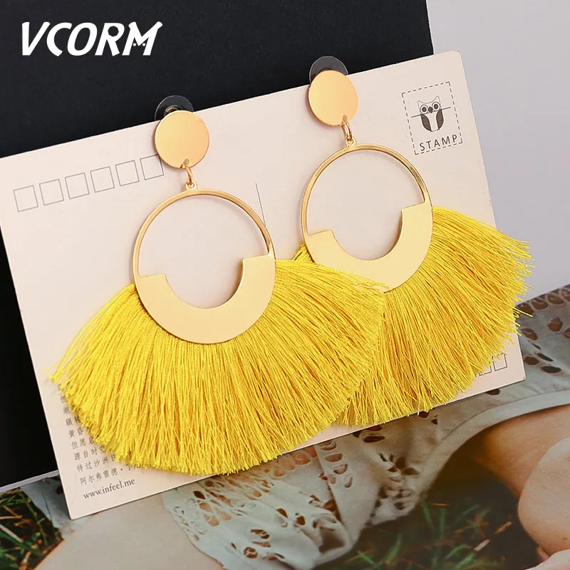 Yellow 2 VCORM богемные большие висячие серьги с кисточками для женщин модные ювелирные серьги Роскошные серьги с бахромой из хлопка и шелка - Окраска металла: Yellow 2