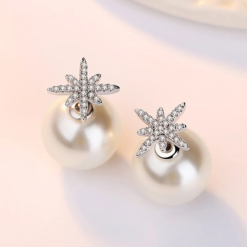 

100% 925 Sterling Silver Fashion Satr Shiny Crystal Pearl Ladies`Stud Earrings Wholesale Jewelry Gift Drop Shipping