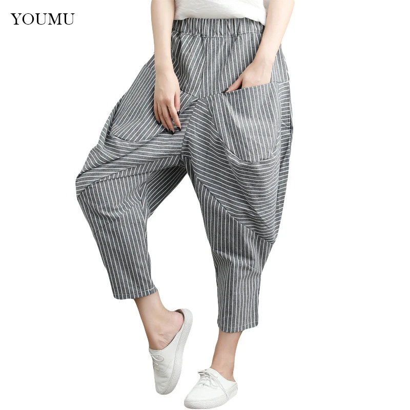 

Women Cotton Linen Calf-Length Pants Striped Mid Elastic Waist Casual Loose Harem Trousers Summer M-2XL 223-340