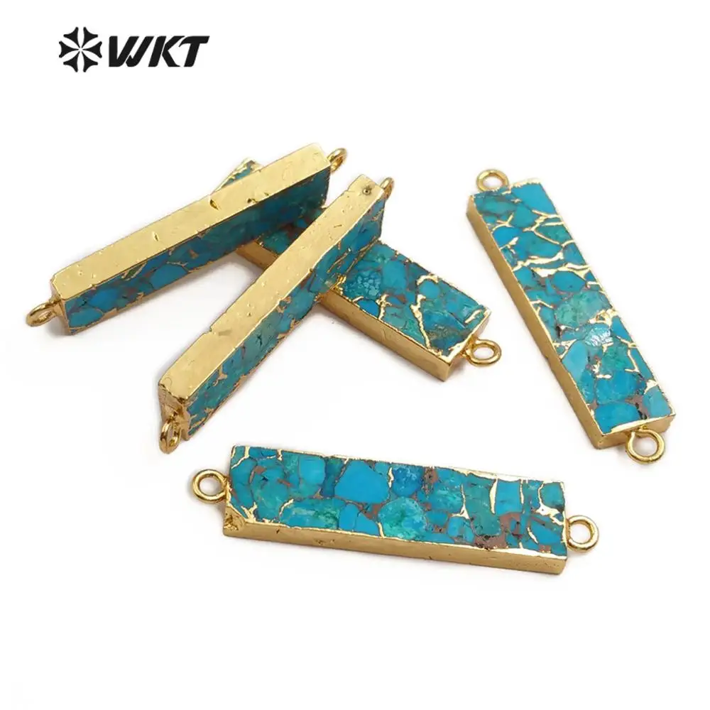 WT-C283 WKT Золотой Гальванизированный прямоугольник синяя венка Turquoises Двойной Прямоугольный коннектор кулон для изготовления ювелирных изделий