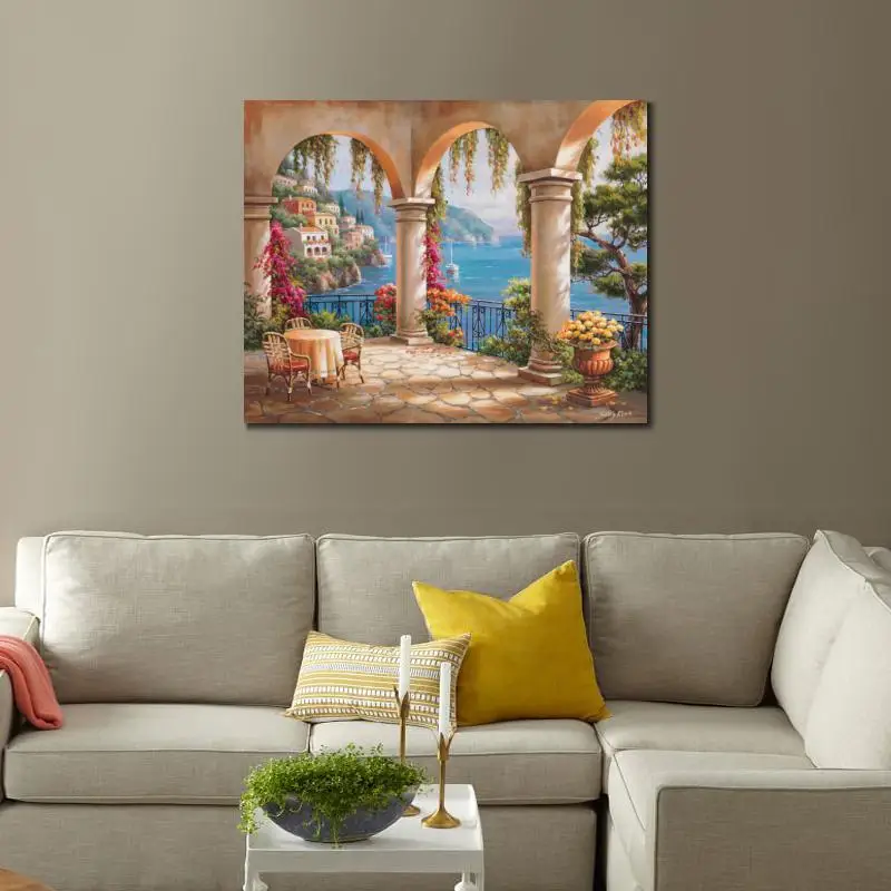 Kopen Wall Art Canvas Kustlijn Mediterrane Olieverf Terras Arch Moderne Landschappen Foto's Voor Room Decor Handgemaakte Kunstwerk