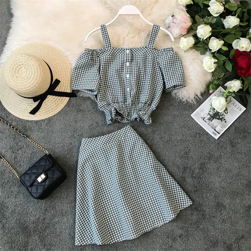 Модная тонкая талия летний клетчатый топ с принтом и открытыми плечами комплект одежды из двух предметов
