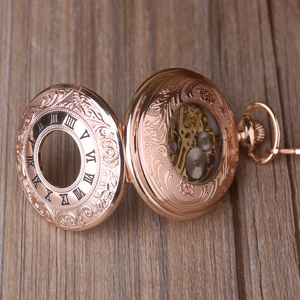 Luxury Rose Gold Roman Numerals Display Manual Mechanical Pocket Watch Steampunk Men's and Women's Necklace Pendant Clock