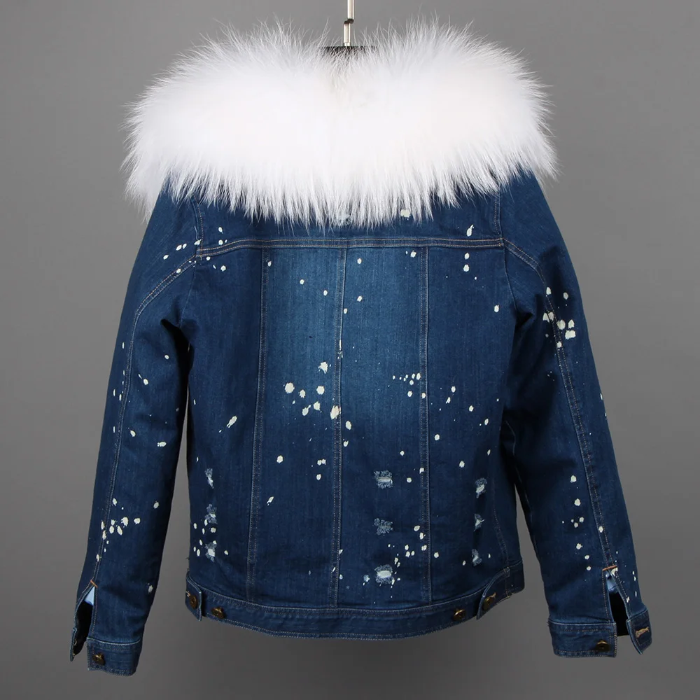 Новинка, модное Брендовое женское джинсовое пальто, джинсовая куртка для девочек, натуральный мех кролика, толстая подкладка, Воротник из меха енота, куртка-бомбер, сохраняющая тепло