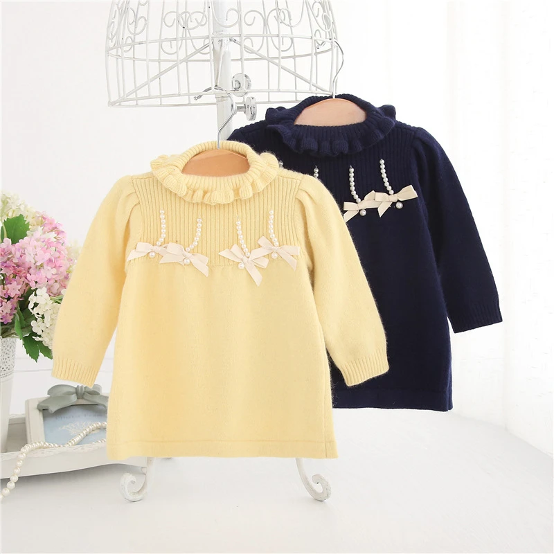 

fashion Baby Girls Sweater 2017 Cashmere Turtleneck Petal collar Solid Color Wool Sweater Long Sleeve bow clothing