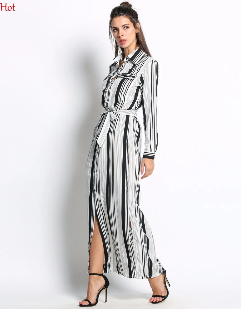 Популярное платье рубашка в черно белую полоску элегантное с длинным рукавом и