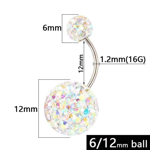 Belly button ring 6/12 mm ball 16G not allergic stainless steel piercing aurora white pink top quality navel bar body jewelry - Окраска металла: AB length 12mm