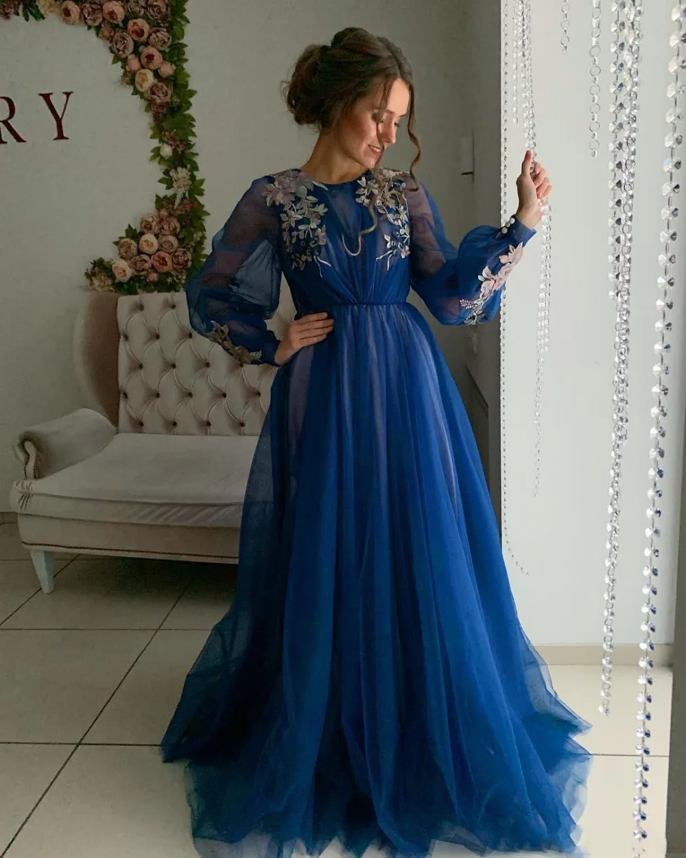 Robe de soiree Дубай Королевская Синяя Длинные рукава Вечерние платья 2019 Abiye Золотые