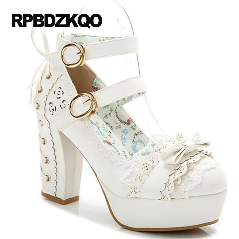 Kawaii белый розовый Платформа обнаженный милый Каблук галстук-бабочка зашнуровать