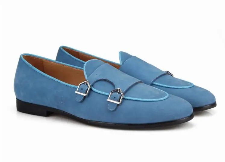 Blue Suede Shoes Loafers Men's Moccasins Casual Flats Dress Double Buckles Wedding Large Size | Обувь