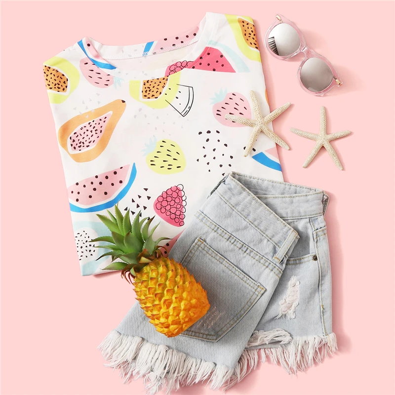 Dotfashion, женская бежевая футболка с фруктовым принтом,, летние повседневные топы с коротким рукавом, одежда для девушек, корейская мода, футболки