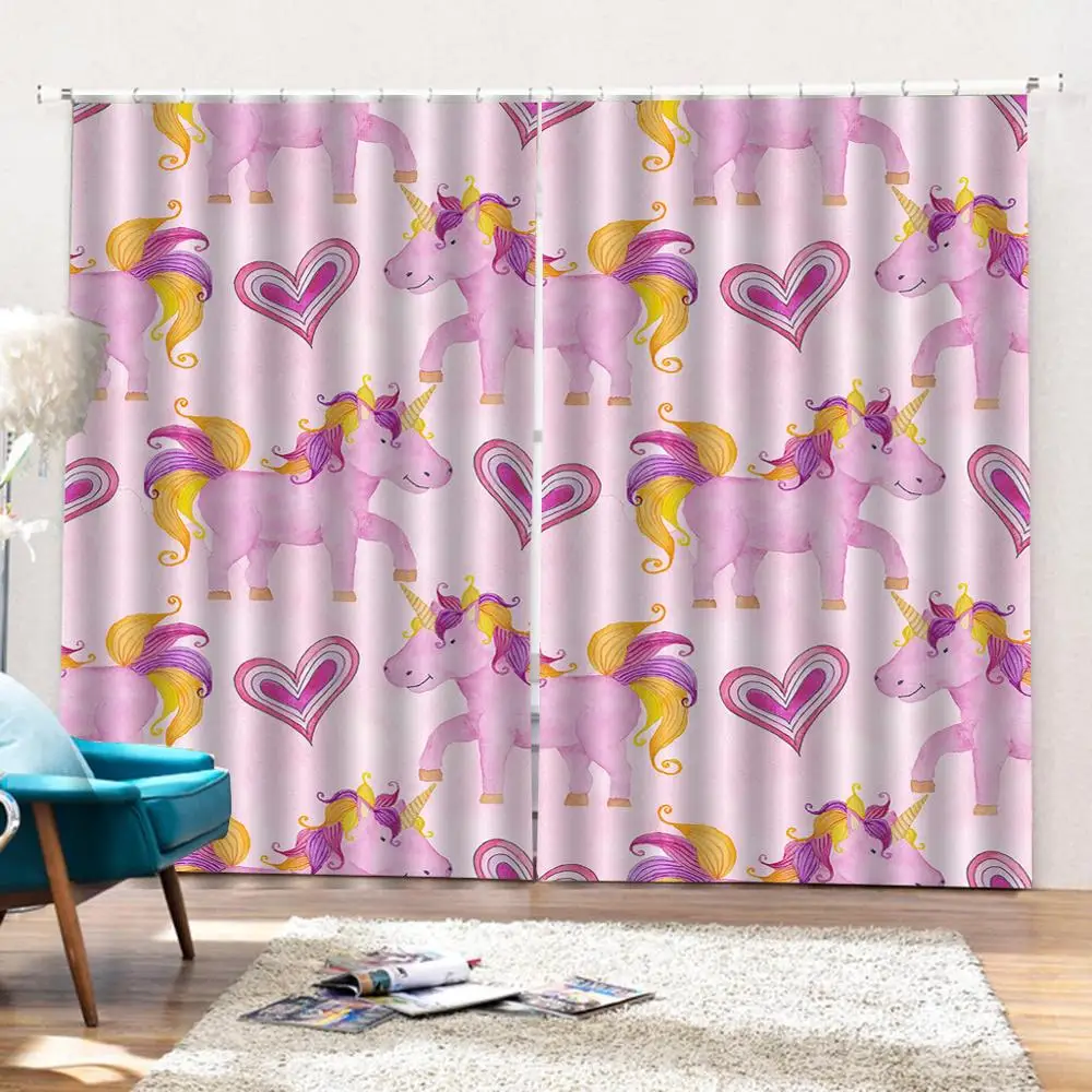 Шторы розовые с единорогом на окна тонкие декоративные занавески для гостиной