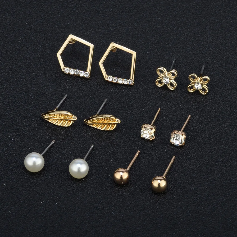 Серьги с кристаллами в виде листьев золотого цвета 6 пар/компл. сплав цветок