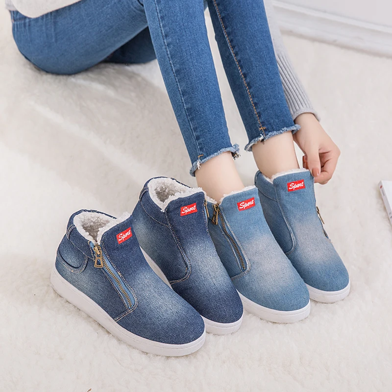 New Winter Shoes Women Denim Ankle Boots Classic Zipper Snow Warm Plush Thickening Flat for Zapatos Mujer Dropship | Обувь