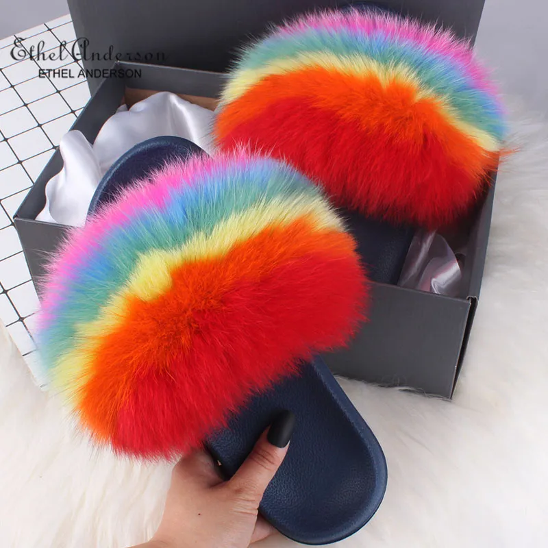 Rainbow(Navy) Ethel Anderson/летние женские меховые тапочки; меховые тапочки из натурального Лисьего меха; лучшие плюшевые пушистые тапочки с лисьим мехом; сандалии на плоской подошве - Цвет: Rainbow(Navy)